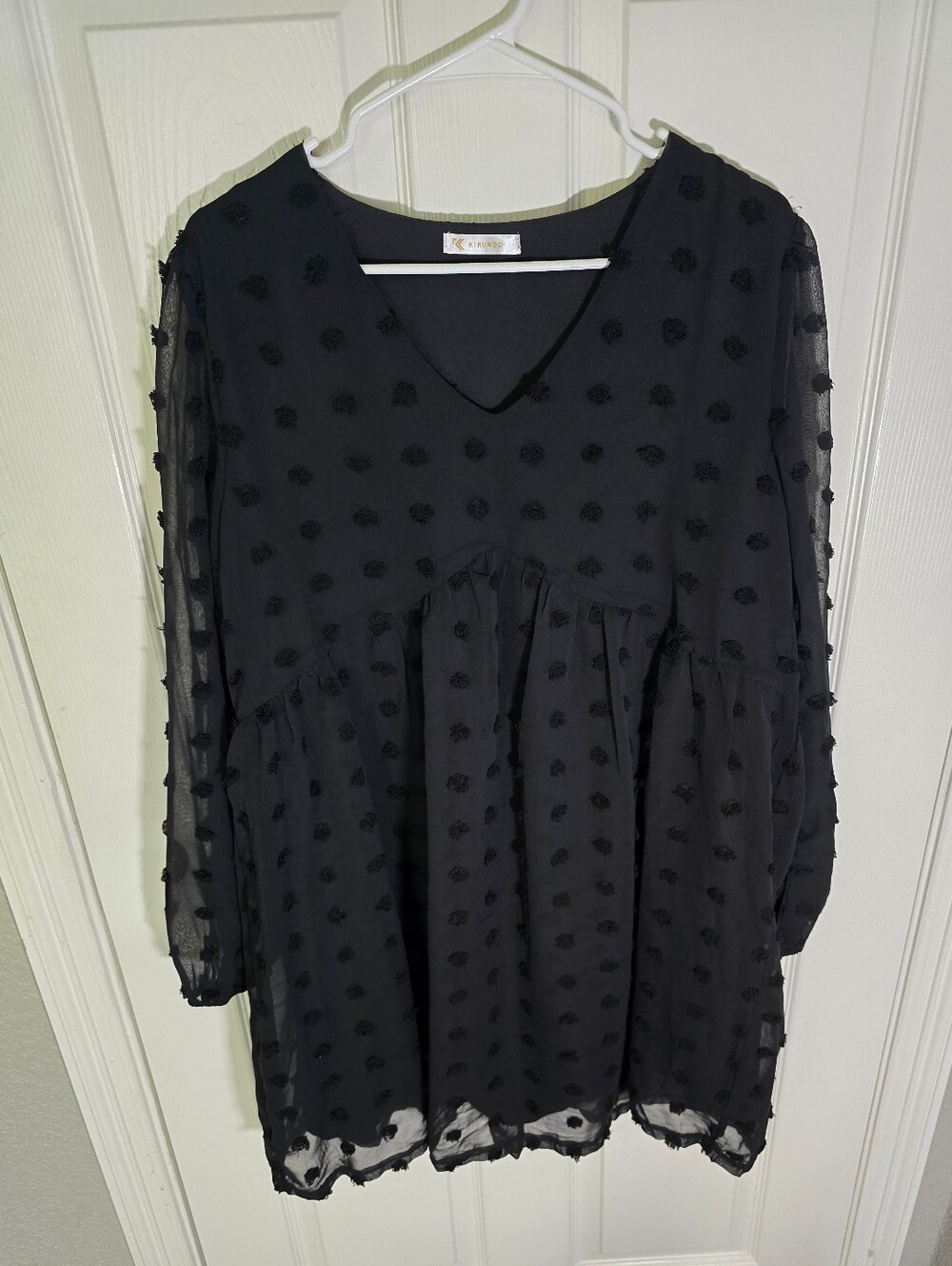 Kirundo Womens Black Dot V Neck Long Sleeve Mini Dress Large